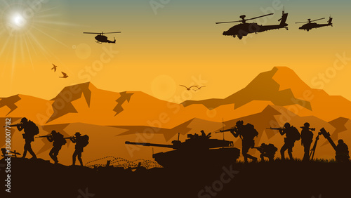 Military vector illustration  Army background  soldiers silhouettes. 