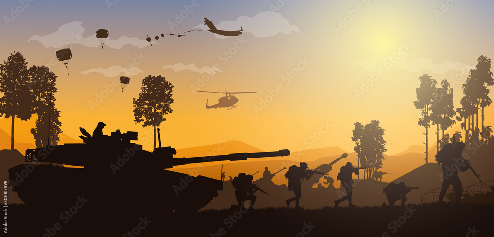 Obraz premium Military vector illustration, Army background, soldiers silhouettes. 