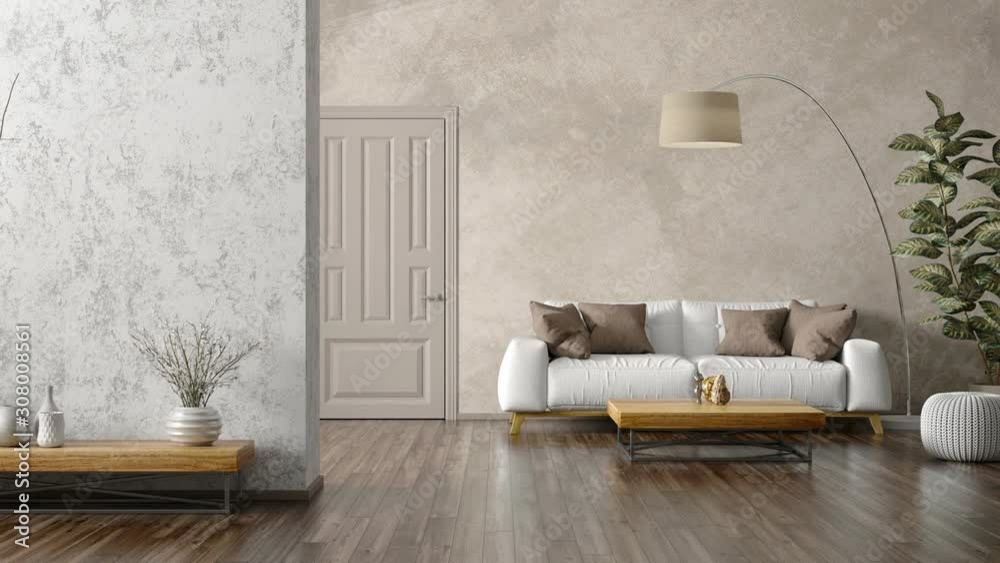 Modern interior design of living room with white sofa, coffee table, stucco wall 3d animation rendering