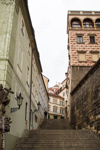 The famous tourist area of       the Czech capital of Prague is Prague Castle overlooking the Royal Palace in the autumn-winter season.