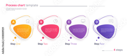 Vector process chart infographic template in the form of horizontal row composed of triangular rounded shapes. Four steps