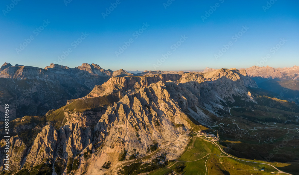 Aerial view of Pizes de Cir mountain range and Gardena Pass, Italy