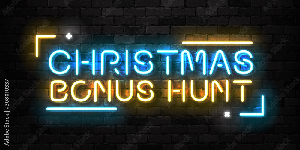 Vector realistic isolated neon sign of Christmas Bonus Hunt logo for decoration and covering on the wall background. Concept of Christmas bonus in casino and free spins.