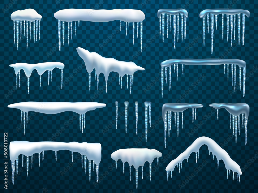 Snow caps with hanging icicles, winter frost vector realistic icons isolated on transparent background. Abstract snow caps and frosty roof icicles for Christmas and New Year design - obrazy, fototapety, plakaty 