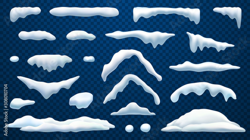 Snow caps, snowballs and frozen icicles of house roof, vector realistic icons isolated on transparent background. Abstract winter snow caps and frost icicles for Christmas and New Year design