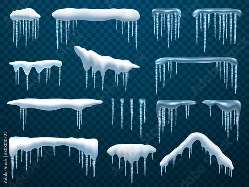 Snow caps with hanging icicles, winter frost vector realistic icons isolated on transparent background. Abstract snow caps and frosty roof icicles for Christmas and New Year design