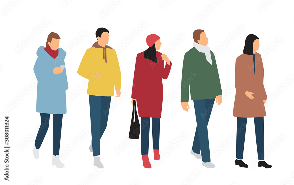 Obraz premium Silhouettes of men and women in outerwear of different colors, cartoon character, group of standing and walking business people, flat icon design concept isolated on white background