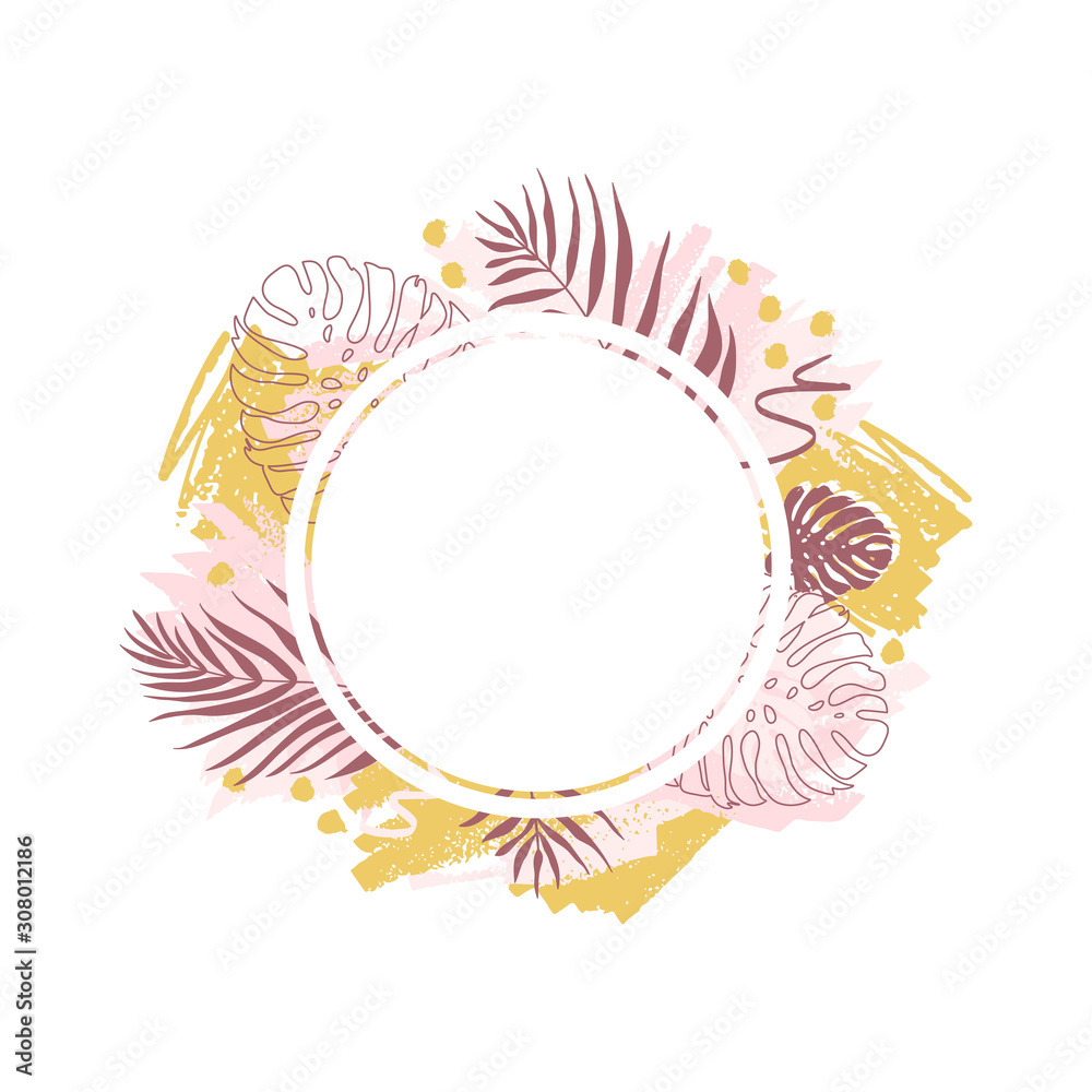 Vector round frame in abstract design with spots of paint and tropical monstera leaves and dypsis in a pastel palette