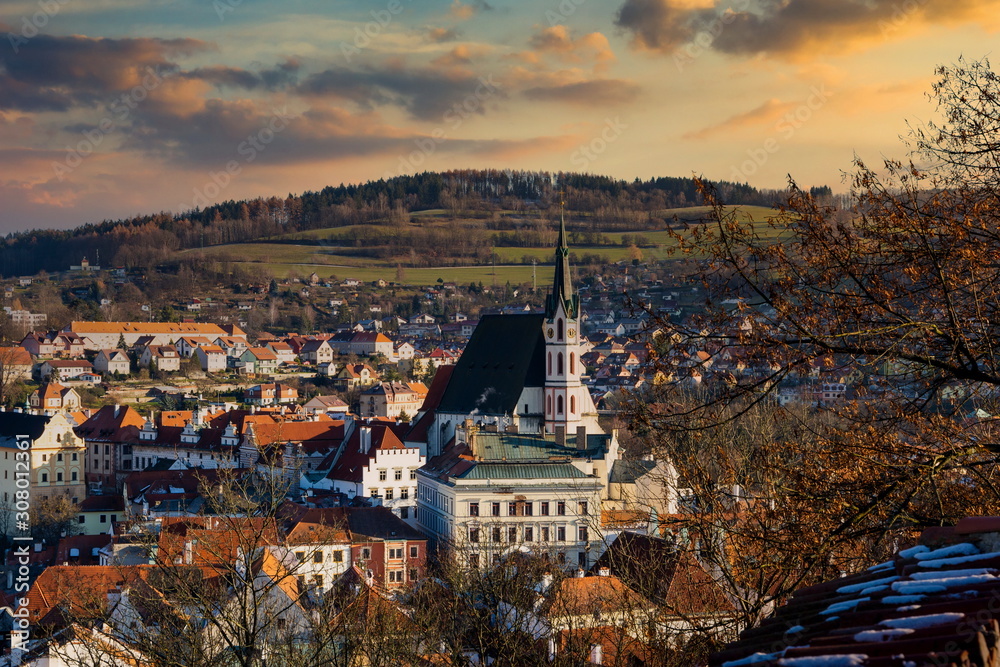 Historical center of Cesky Krumlov on sunset. Czech republic.