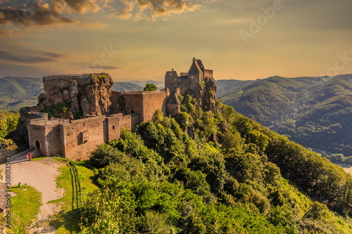 Aggstein Castle ruins at sunse time. Wachau Valley of Danube River, Austria.