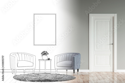 A sketch of a modern interior with two armchairs, a coffee table, a picture on the wall, a carpet on the tiled floor and a door became a real interior. Front view. 3d illustration