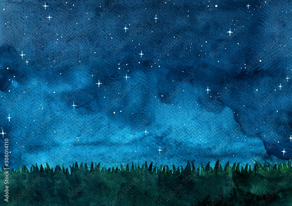 Obraz Grass meadow with night sky watercolor hand painting background.