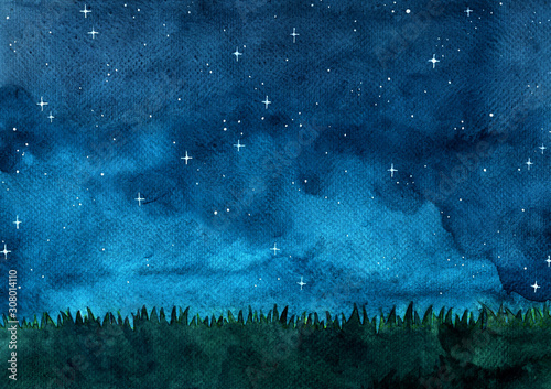 Canvastavla Grass meadow with night sky watercolor hand painting background.