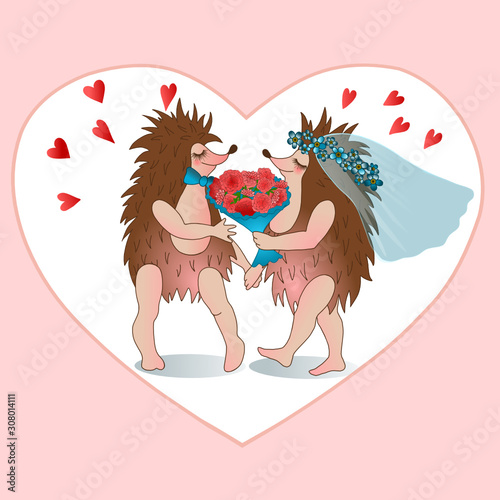 hedgehog groom in a bow tie gives a bouquet of flowers to the bride in a veil on the background of hearts, color vector greeting card