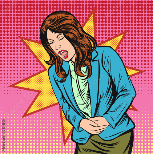 Business women are experiencing stomach ache. Pop art retro vector illustration vintage kitsch drawing