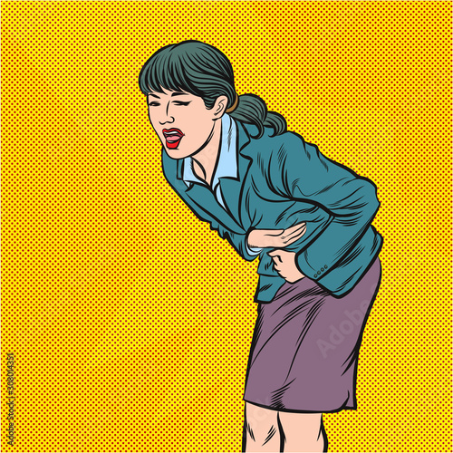 Business women are experiencing stomach ache. Pop art retro vector illustration vintage kitsch drawing