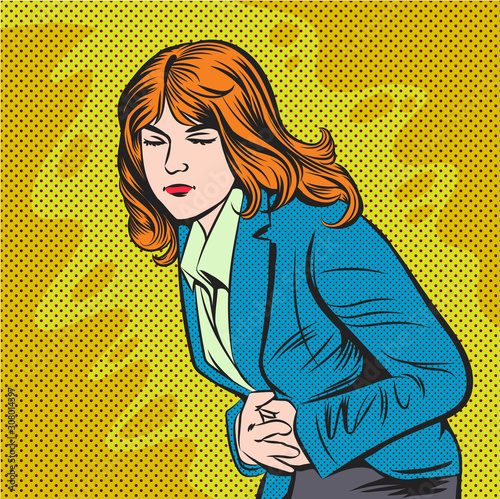 Business women are experiencing stomach ache. Pop art retro vector illustration vintage kitsch drawing