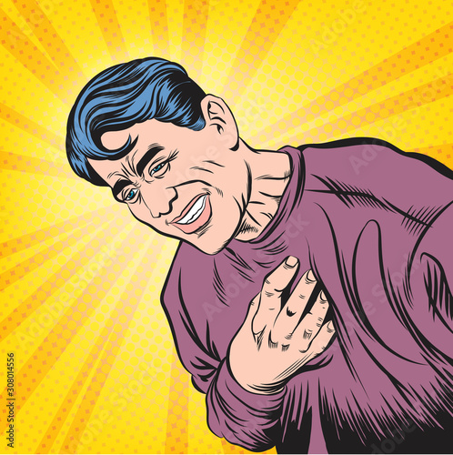 This man hurts his chest.Pop art retro vector illustration vintage kitsch drawing