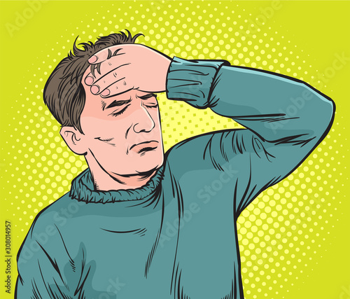 Men have a headache and fever.Pop art retro vector illustration vintage kitsch drawing