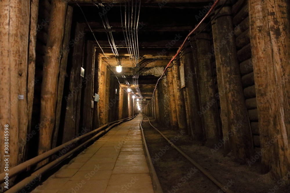 narrow underground hall / corridor / tunnel in salt mine