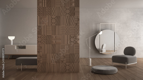 Obraz na płótnie Modern white minimalist abstract living room with decorated wooden partition wal