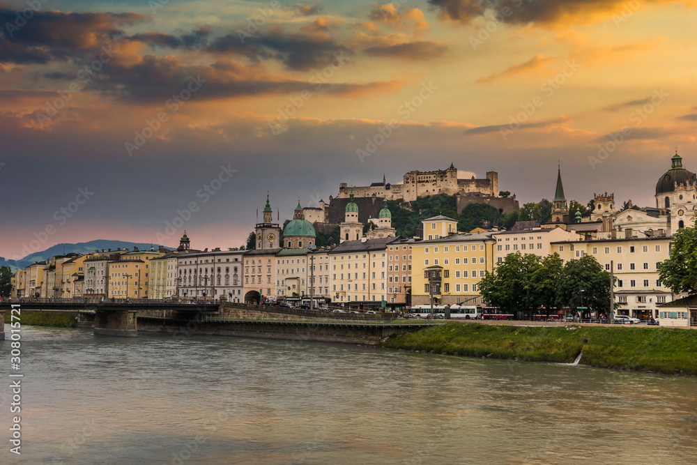 Beautiful view of Salzburg and Salzach river in sunset time, Austria.