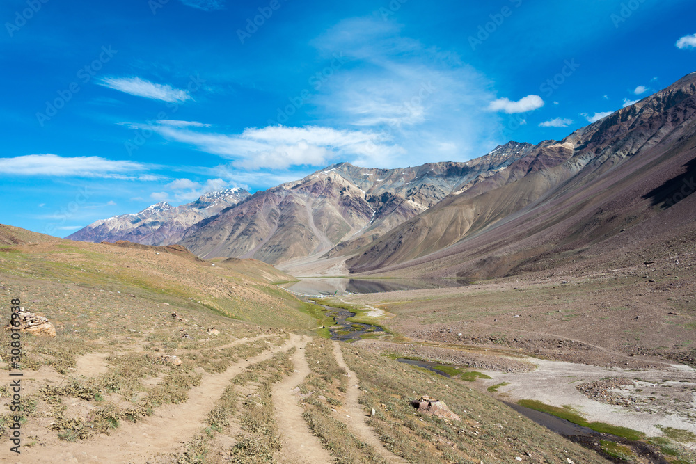 Himachal Pradesh, India - Sep 04 2019 - Chandra Taal (Moon Lake) Trekking course in Lahaul and Spiti, Himachal Pradesh, India. Himachal Pradesh, India - Sep 04 2019 - Chandra Taal (Moon Lake) Trekking course in Lahaul and Spiti, Himachal Pradesh, India.