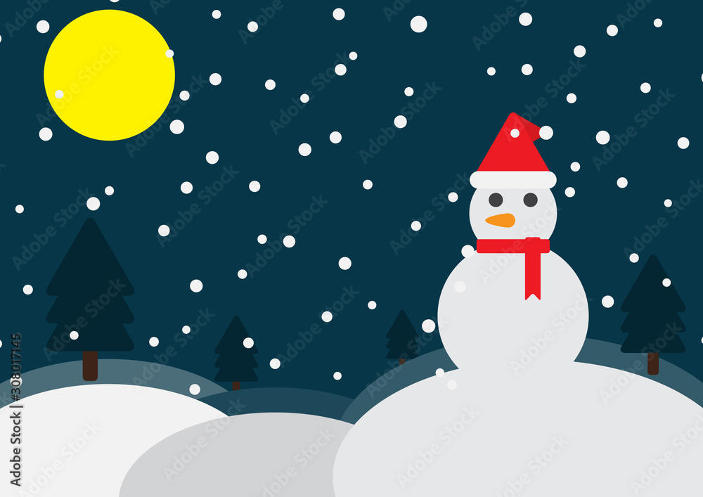 Fototapeta premium Snowman wear christmas hat and scarf stand on a snowy area vector