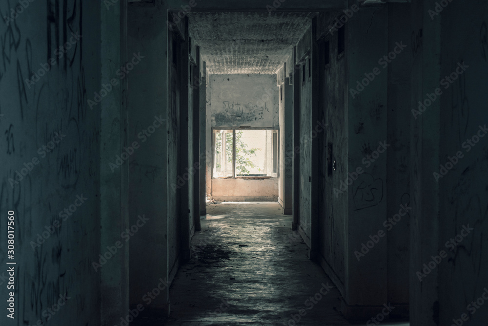narrow alley in haunted and abandoned old building structure