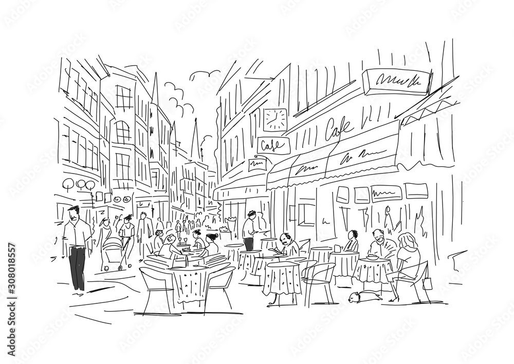 Old european street with cafe and restaurants, sketch for your design