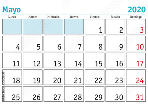 Mayo 2020 wall calendar spanish