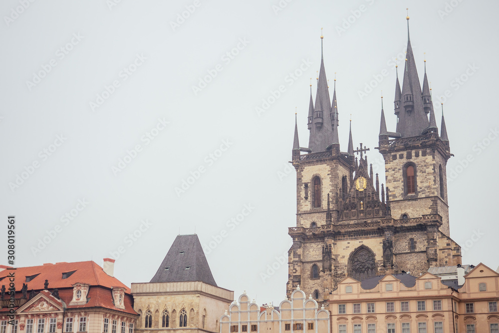 Old Town Square in Prague lifestyle. observatory of astronomical clock tower in Czech