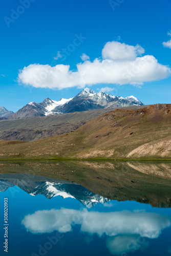 Himachal Pradesh, India - Sep 04 2019 - Chandra Taal (Moon Lake) in Lahaul and Spiti, Himachal Pradesh, India. It is part of Ramsar Convention - Chandertal Wetland.