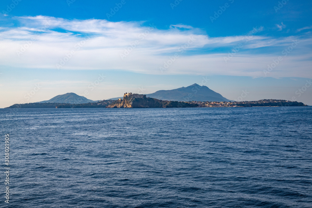 Campi Flegrei, Naples, Campania, Italy: The islands of Procida in the foreground and Ischia in the backgroundPhlegraean Islands. The Phlegraean Islands, archipelago in the Gulf of Naples