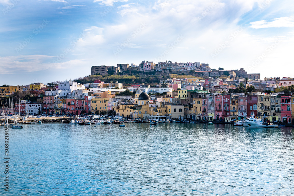Procida, Naples, Campania, Italy: the pastel colors of the Marina Corricella in the port of Procida, one of the Phlegraean Islands off the coast of Naples in southern Italy.