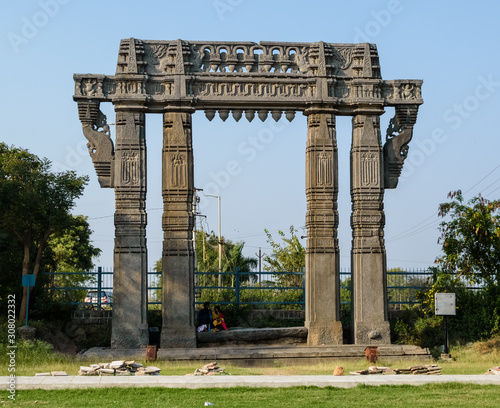 Warangal, Telangana, India - March 2019: An ancient, beautifully carved Torana gateway built in the 11th century by the Kakatiya Dynasty inside the Warangal Fort.
