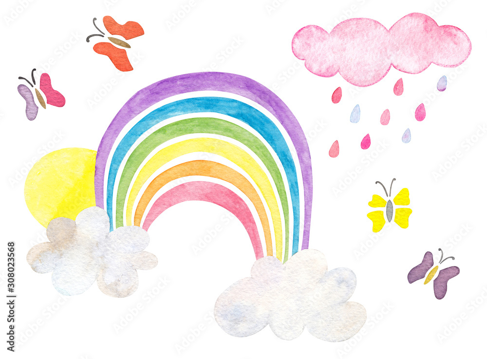 Watercolor set on the theme of nature, weather, spring, summer. The picture shows: rainbow, clouds, sun, butterflies. Elements for creating patterns, cards, stickers Watercolor set on the theme of nature, weather, spring, summer. The picture shows: rainbow, clouds, sun, butterflies. Elements for creating patterns, cards, stickers