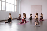 Yoga, fitness, sport and healthy lifestyle concept. Group of women doing pilates exercises in gym or studio