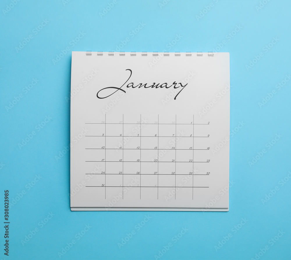 January calendar on light blue background, top view January calendar on light blue background, top view