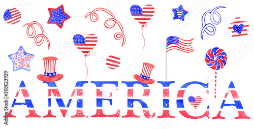 Set of watercolor elements for Independence day USA. Elements are located on a white background. To create posters, banners, cards, printed materials and printing