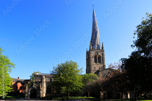 The Crooked Spire of St Mary and All saints Church, Chesterfield market town, Derbyshire England UK
