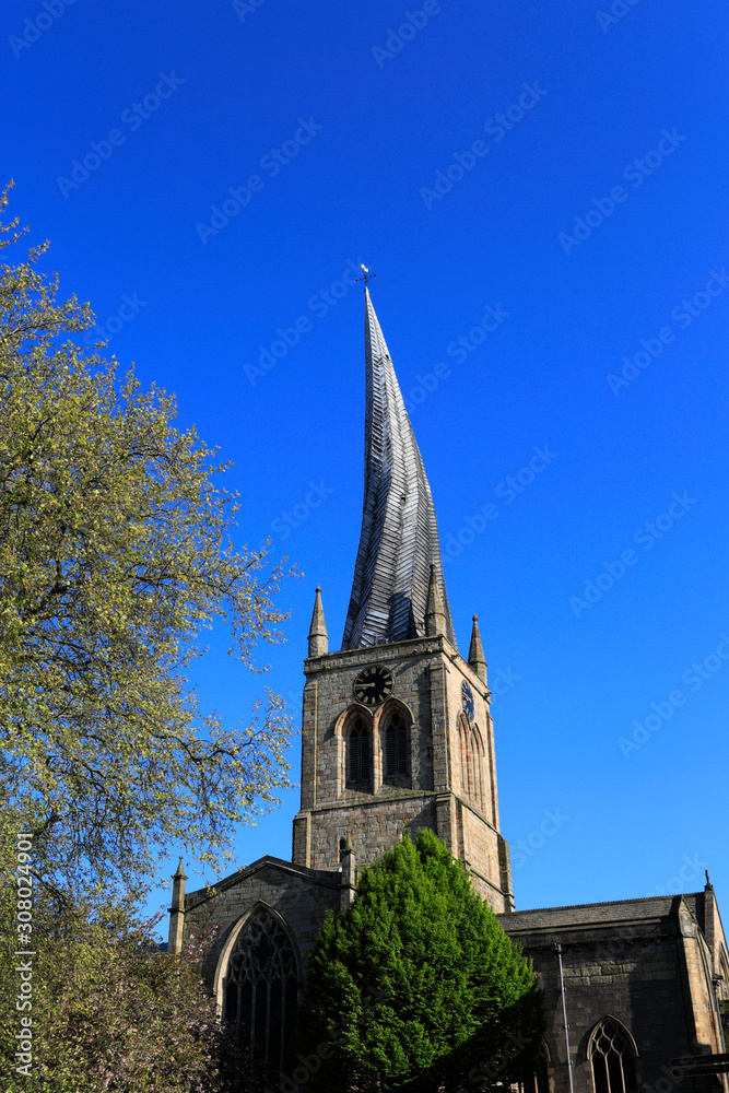 The Crooked Spire of St Mary and All saints Church, Chesterfield market town, Derbyshire England UK