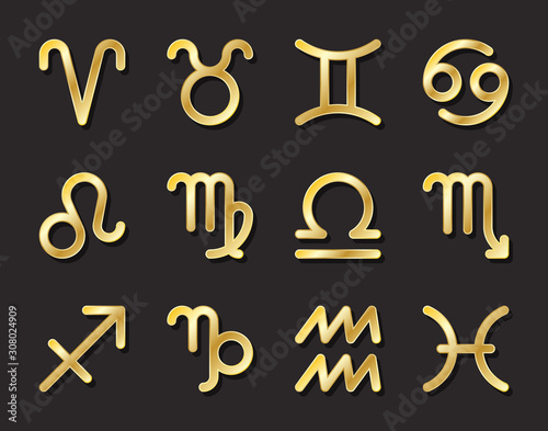 Zodiac twelve astrology gold sign vector icon set