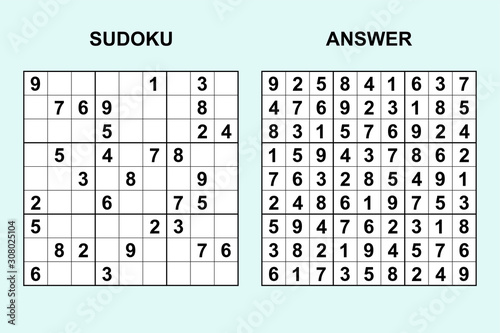 Vector sudoku with answer 307. Puzzle game with numbers.