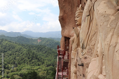 Maijishan Cave-Temple Complex in Tianshui , Gansu Province , China. Artistic treasures of Maiji Mountain caves. UNESCO World Heritage Site.