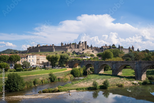 Carcassonne citadel and river, view of la cite and pont vieux