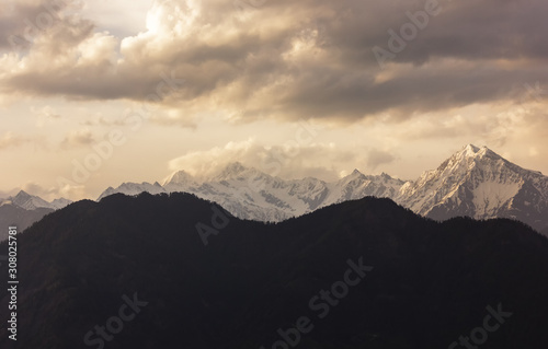 The Himalayan mountains of the Shrikhand Mahadev range seen from the village of Sarahan in Himachal Pradesh, India.