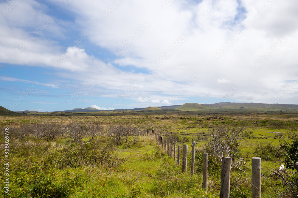 View of the landscape along the northern coast of Easter Island. Easter Island, Chile
