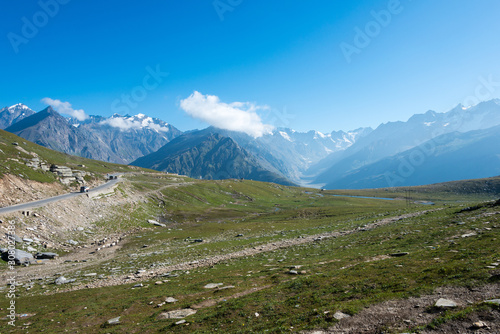 Himachal Pradesh, India - Sep 11 2019 - Rohtang La (Rohtang Pass) in Manali, Himachal Pradesh, India. Rohtang La is situated at an altitude of around 3978m (13051 ft) above the sea level.