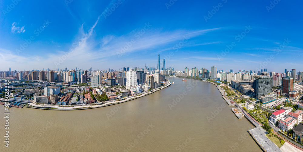 A panoramic view of the city along the huangpu river in Shanghai, China